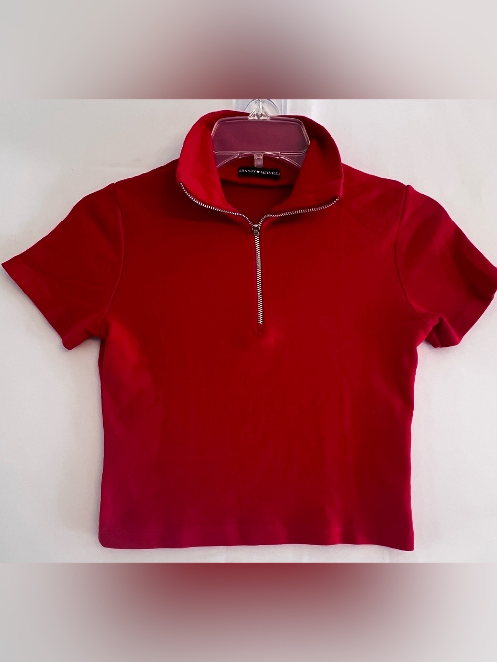 Brandy Melville Red Quarter Zip Short Sleeve Top